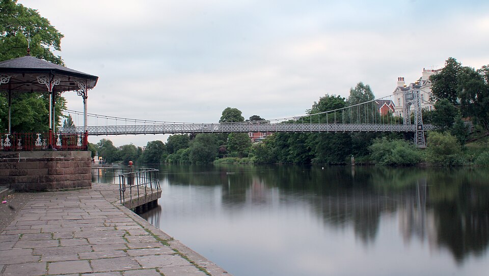 Chester Bandstand beside the River Dee and suspension bridge